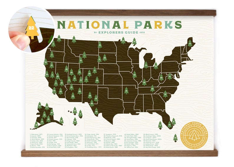 National Parks Map print with Tree Stickers